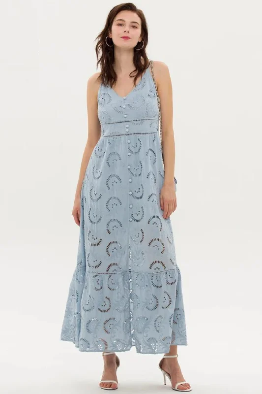 Price Smash Women Embroidery Hollow Out Summer Strap Cami Maxi Long Dresses Casual Split Streetwear