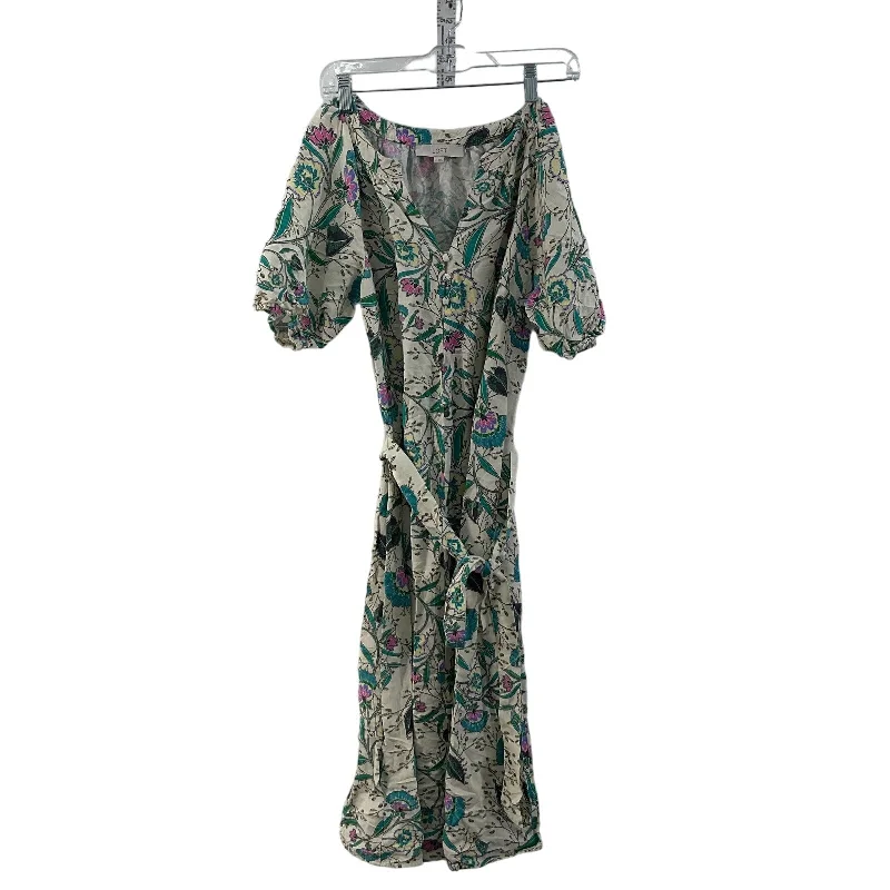 Deal Zone Ann Taylor LOFT Cream Green Floral Womens Linen Shirt Dress, Midi, Size S