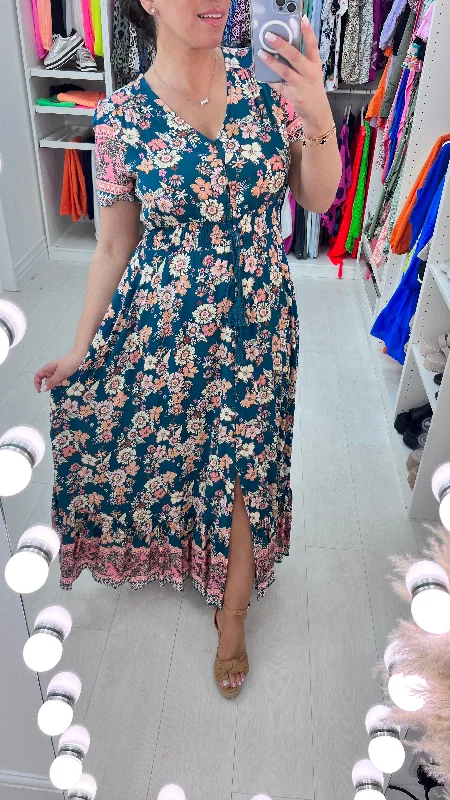 Stock Clearance Karina Teal Multi Floral Ruffle Hem Maxi Dress