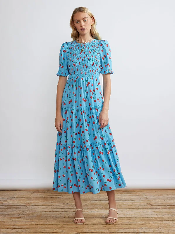 Deal Dash Gracie Blue Cherry Shirred Dress