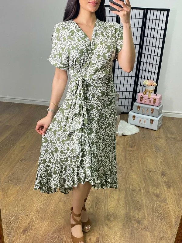 Overstock Nori Khaki Floral Print Wrap Dress