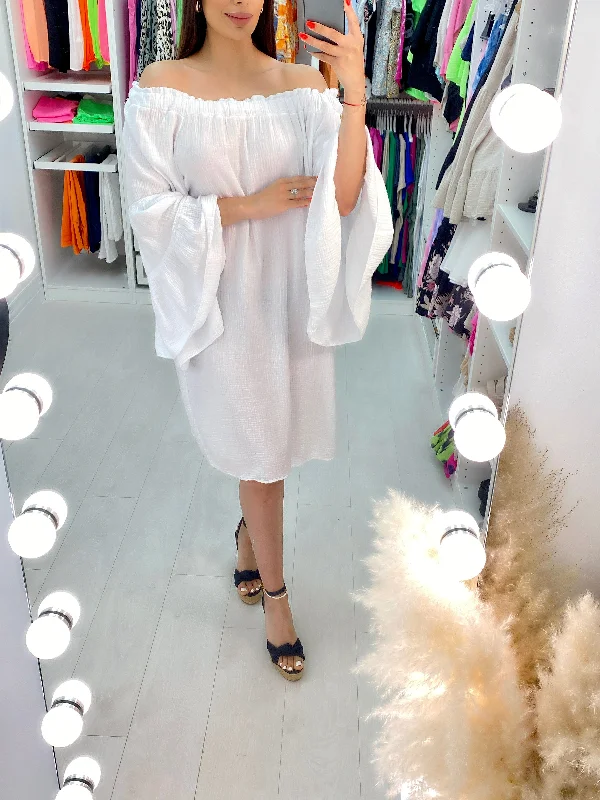 Super Sale Isda Cheesecloth Bardot Ruffle Sleeve Smock Dress
