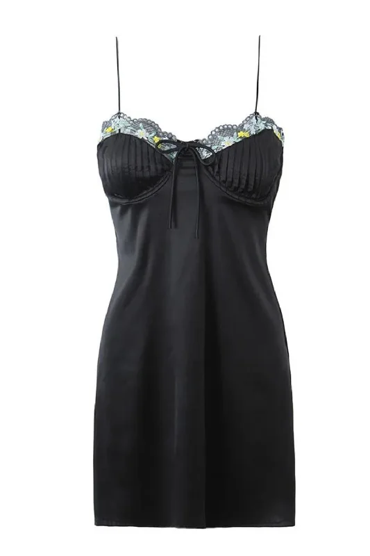 Value Deals Autumn Mini Strap Dress Women Vintage Casual Floral Embroidery Draped Satin Backless Short Dress Female