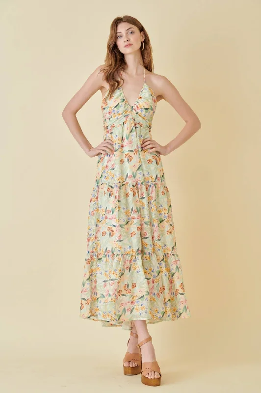 Holiday Sale Fore- Watercolor Halter Floral Maxi Sundress