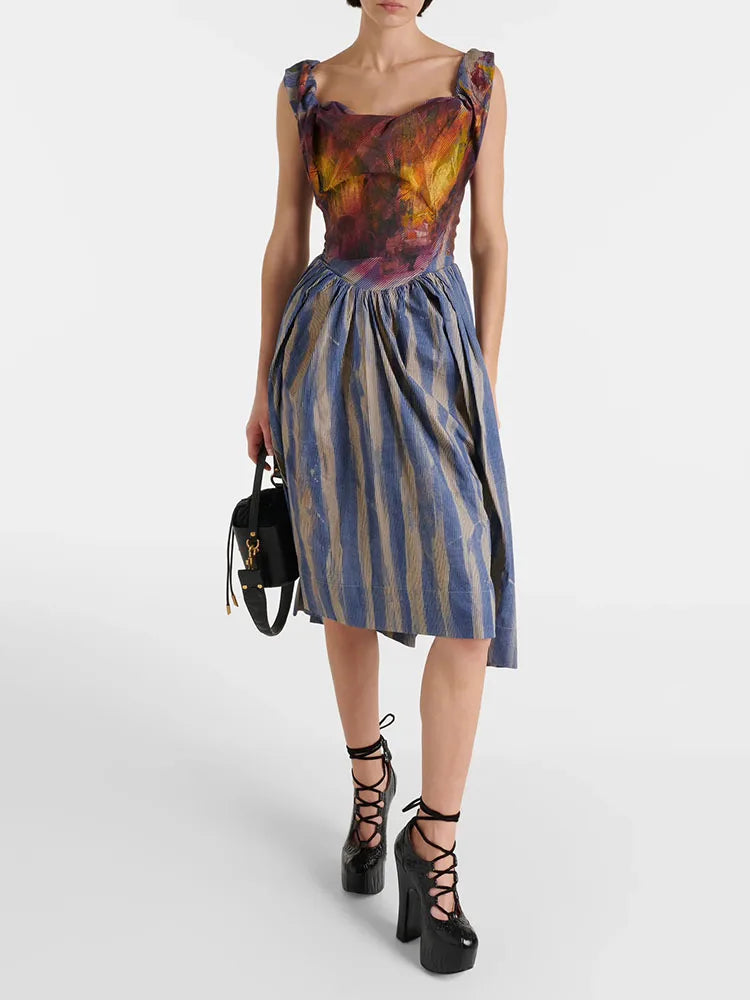 Crazy Deals Skirt spring summer stripes patchwork camisole long dresses waist pleats Crazy Deals Skirt spring summer stripes patchwork camisole long dresses waist pleats