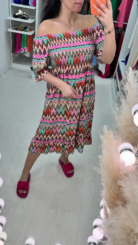 Midnight Sale Tiara Aztec Shirred Bardot Midi Dress
