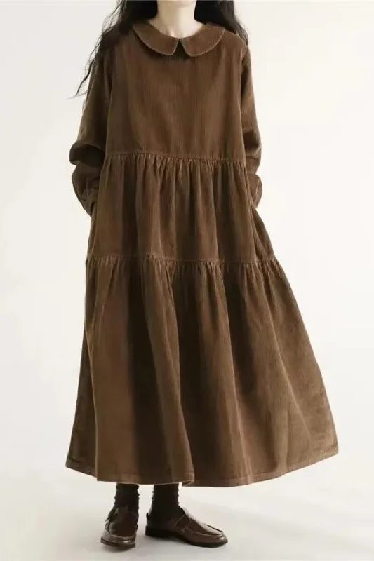 Lowest Price Autumn Winter Corduroy Dress Women Patchwork Vintage Pater Pan Collar A-line Dress Cute Long