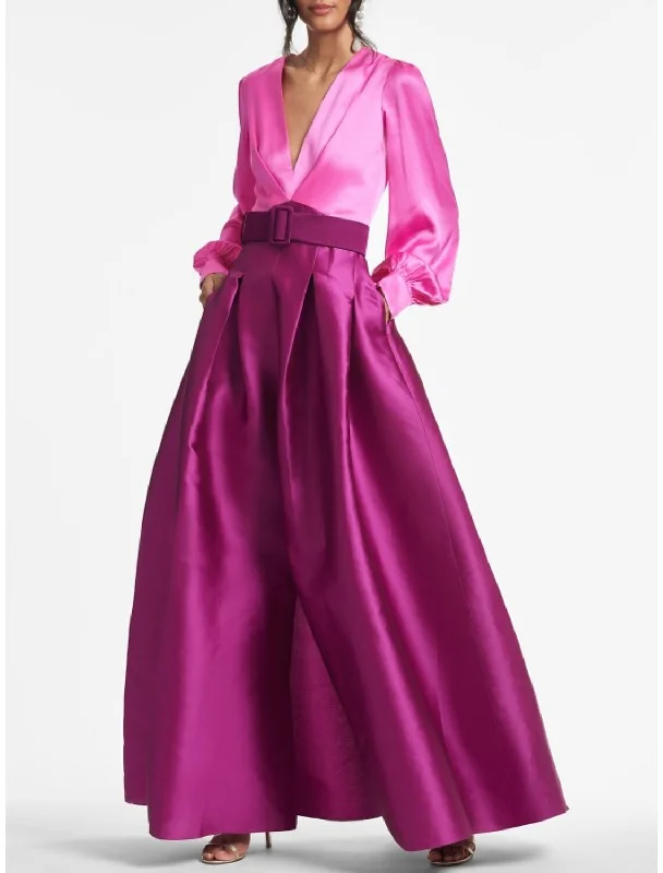 Special Price Elegant A-Line Evening Gown Party Dress Formal Wedding Guest Floor Length Long Sleeve V Neck Belt / Sash Satin with Pleats