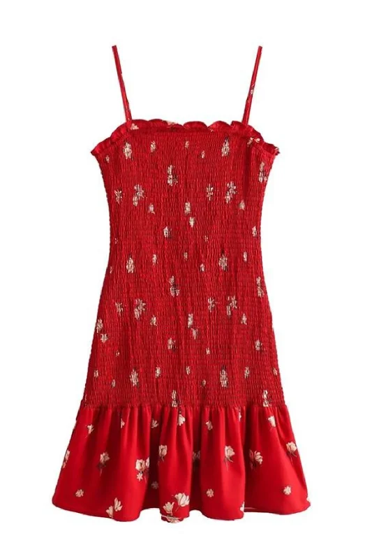 Special Discount Elegant Women Red Floral Hem Ruffle Elastic Spaghetti Strap Dresses Short Summer Special Discount Elegant Women Red Floral Hem Ruffle Elastic Spaghetti Strap Dresses Short Summer