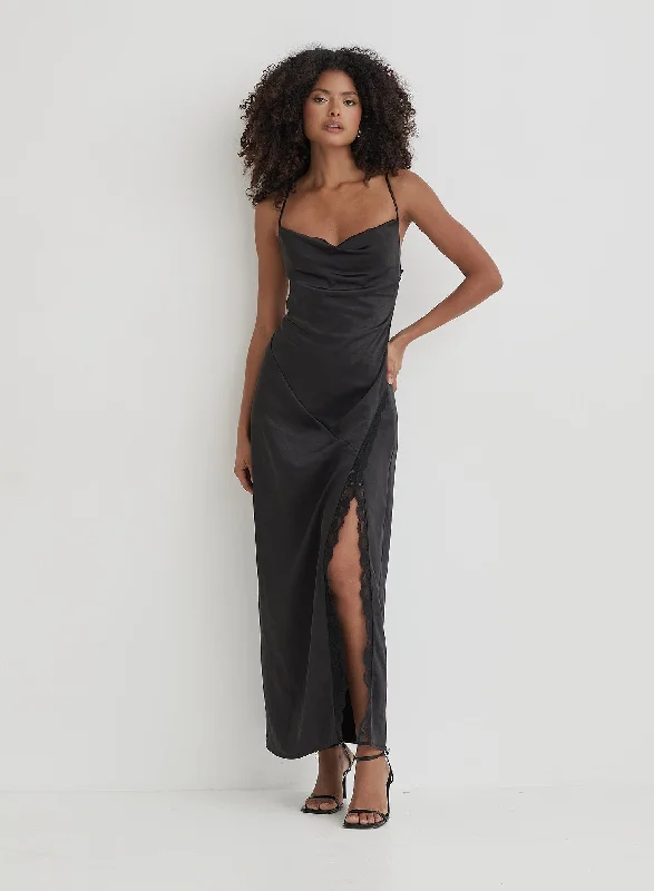 Major Savings Black Satin Side Split Maxi Dress- Kacie