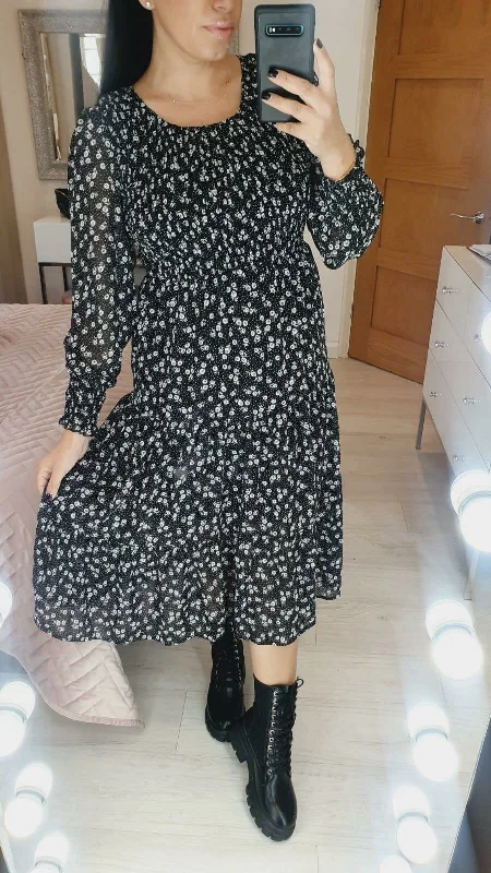 Quick Sale Sunita Black White Floral Print Elasticated Tiered Midi Dress