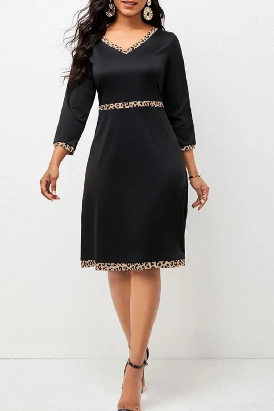 Shop and Save Simple Sleeve Autumn Women Dress Sexy V-neck Solid Elegant Ladies Leopard Midi