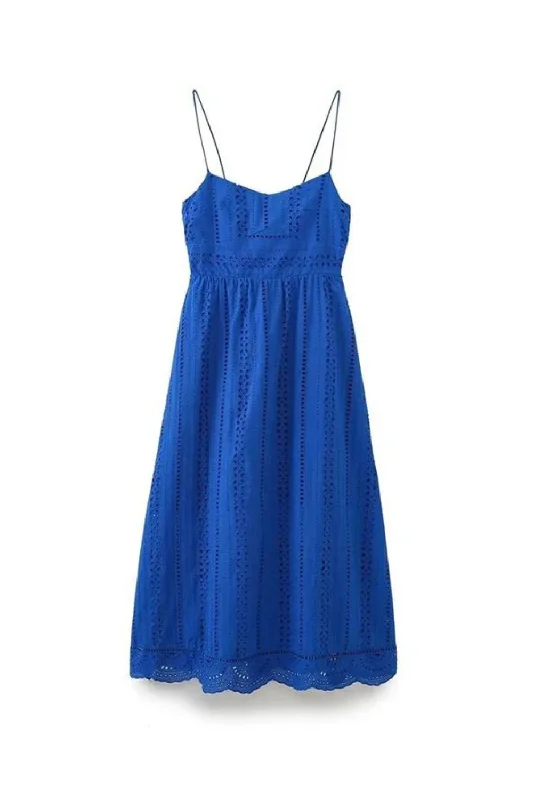 Take Advantage Women Hollow Out Embroidery Blue Spaghetti Strap Dress Female Midi Summer Dresses