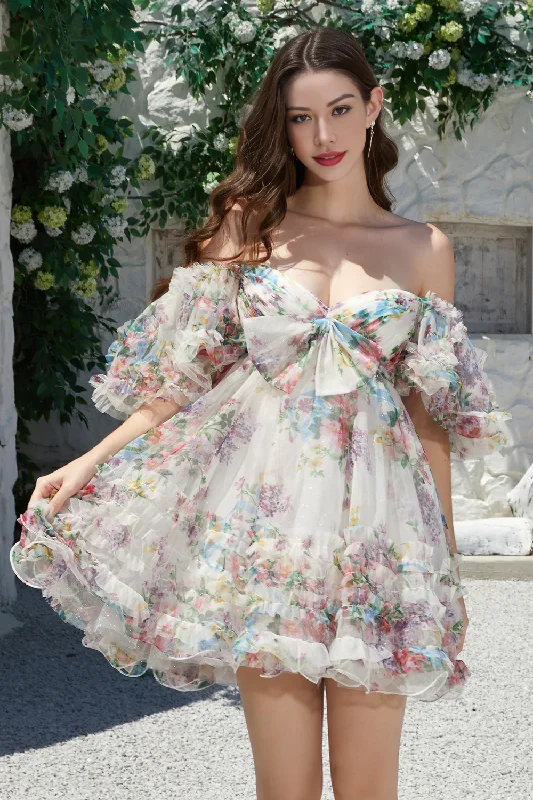 Extra Savings Trendy A Line Ivory Floral Printed Short Tulle Homecoming Dress with Short Sleeves