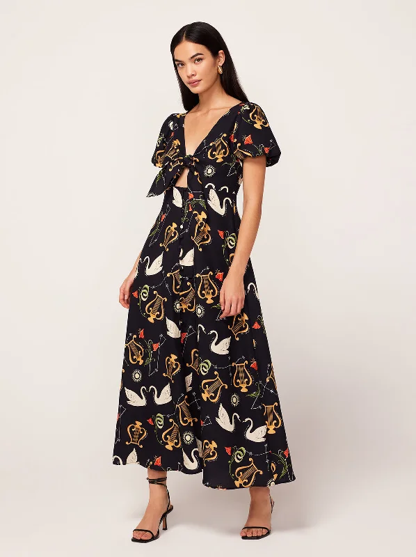 Act Fast Danita Black Cygnus And Lyra Print Midi Dress