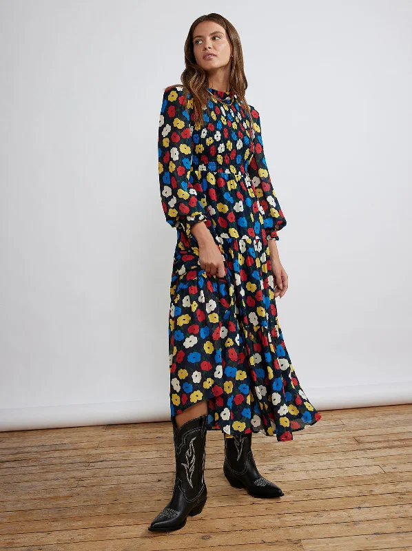 Price Drop Betsy Navy Floral Shirred Maxi Dress