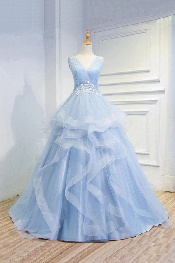 Fantastic Deals Sweetheart Blue Organza Ballgown V Neck Ruffles Appliques Prom Dresses Fantastic Deals Sweetheart Blue Organza Ballgown V Neck Ruffles Appliques Prom Dresses