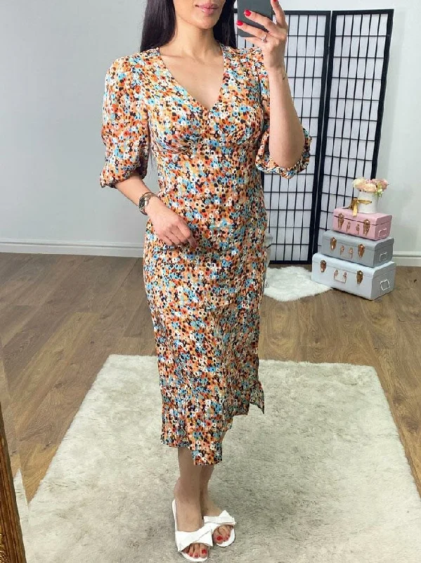 Inventory Reduction Rosie Tan Multi Colour Floral Print V Neck Midi Dress