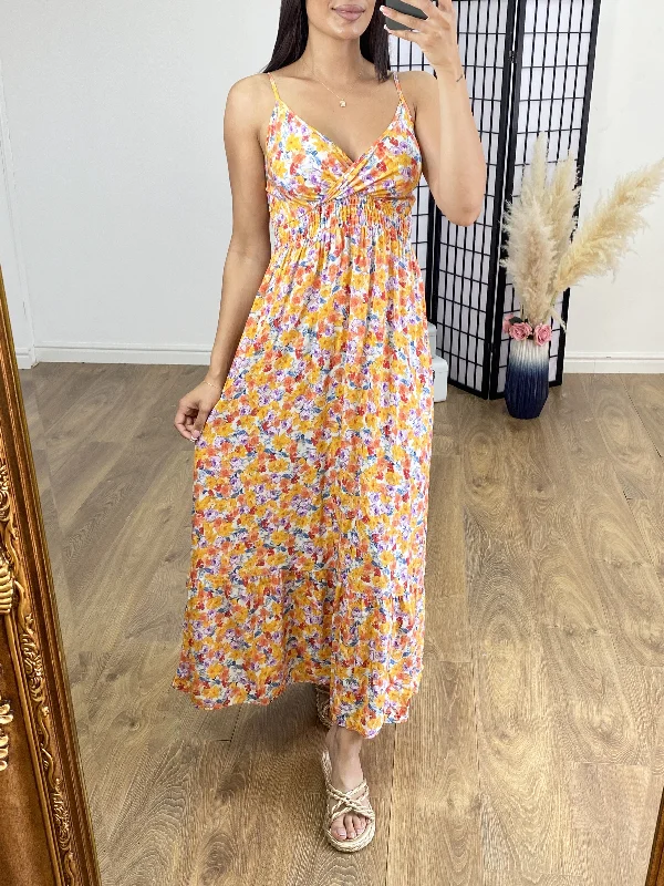 Deep Discounts Derin Orange Floral Foil Print Maxi Dress