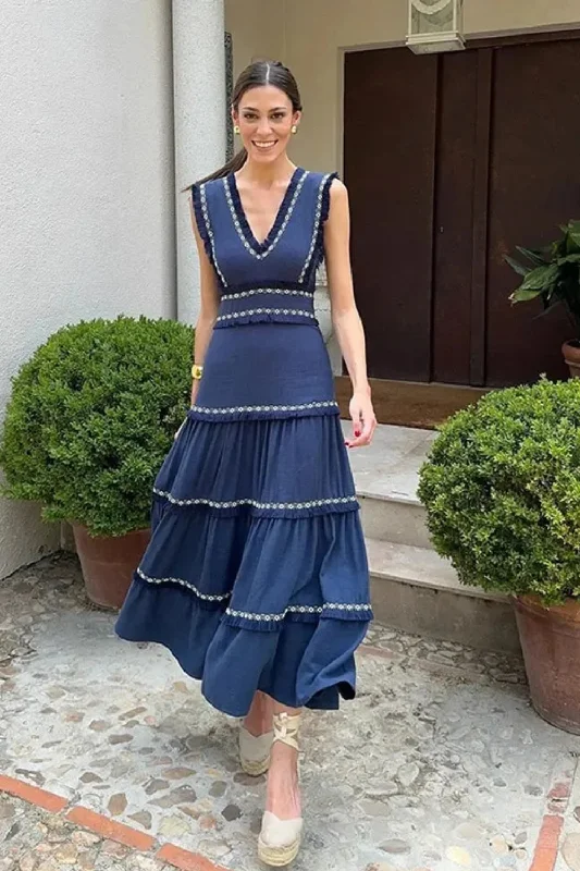 Anniversary Sale Women Sleeveless Robe Retro Elegant Tassel Spliced Print Ruffles Long Dress Chic Lady Holiday Anniversary Sale Women Sleeveless Robe Retro Elegant Tassel Spliced Print Ruffles Long Dress Chic Lady Holiday