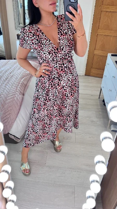 Seasonal Clearance Kalissi Pink Leopard Print Dip Hem Dress