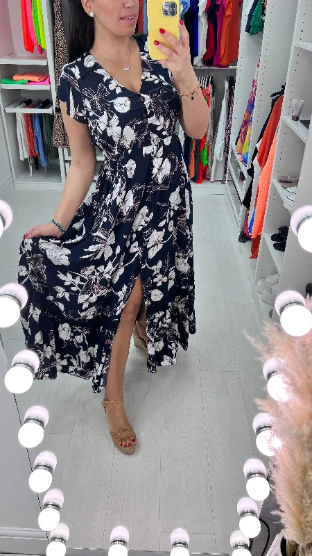 Midnight Madness Sparta Navy Floral Ruffle Hem Maxi Dress