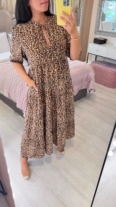 Final Clearance Acorn Leopard Print 3/4 Sleeve Smock Maxi Dress