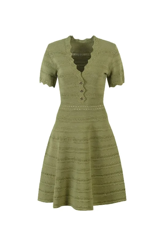 Unmissable Offer Lady Hollow Out Cloth V-neckline Short Sleeve Fit And Flare Women Solid Short Mini Knits Dress