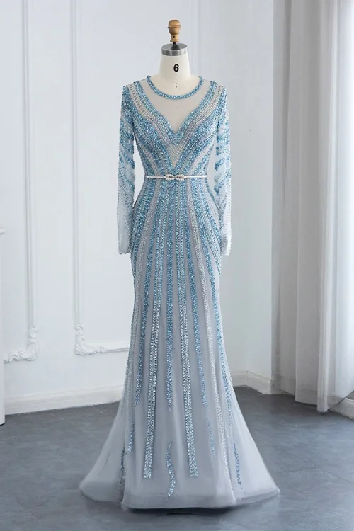 Today Only Luxury Dubai Blue Mermaid Evening Dress with Belt Long Sleeves Beaded Women Wedding Formal Party Gowns Today Only Luxury Dubai Blue Mermaid Evening Dress with Belt Long Sleeves Beaded Women Wedding Formal Party Gowns