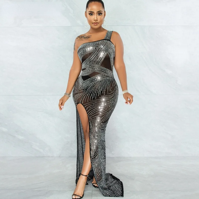 Markdowns Sparkle Iridescent Rhinestones Mesh Sheer Maxi Dress