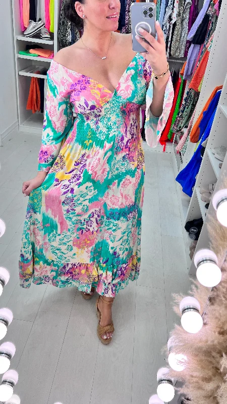 Crazy Deals Florantia Vibrant Floral Print Riffle Hem Maxi Dress
