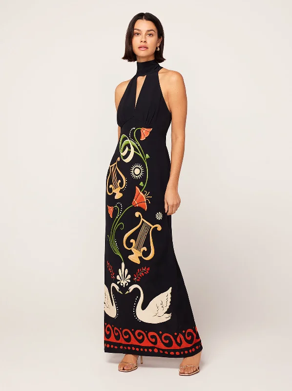 Limited Time Offer Jacquetta Black Cygnus And Lyra Print Halterneck Maxi Dress