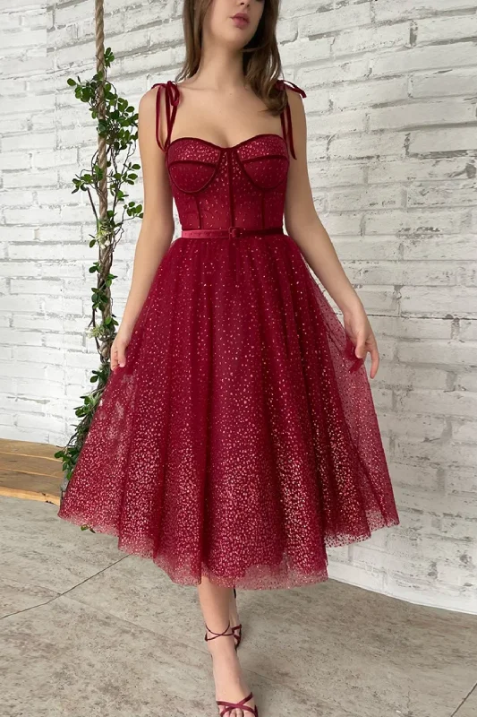 Don't Miss Dresses Sweetheart Tied Straps Tea-Length Midi Formal Evening Gowns