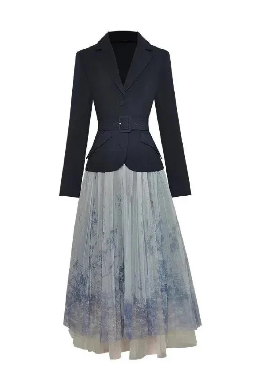 Must-Have Deals Spring Skirts Suit Women Notched collar Long sleeve Black Belt Blazer Mesh Skirt Must-Have Deals Spring Skirts Suit Women Notched collar Long sleeve Black Belt Blazer Mesh Skirt