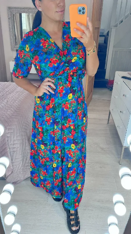 Price Reduction Devina Royal Blue Floral Print Wrap Front Maxi Dress
