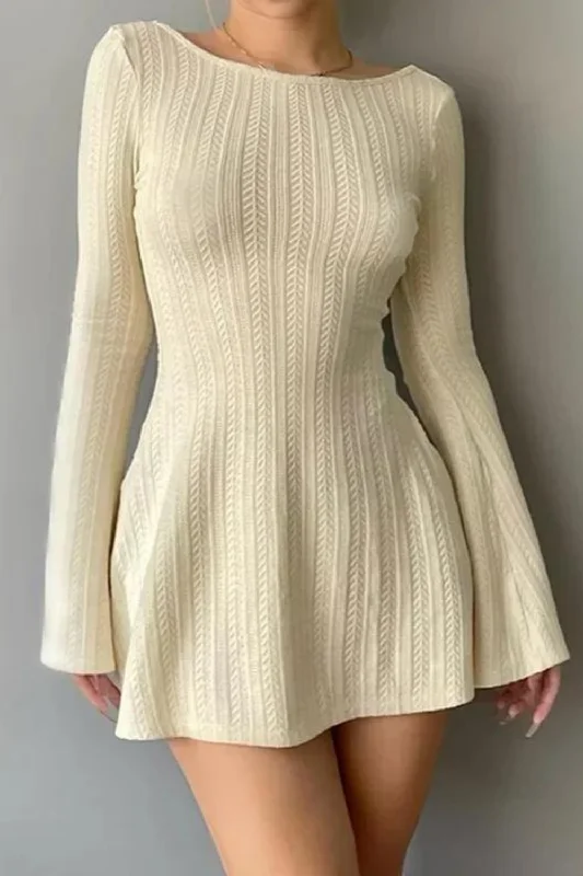 One-DAY Sale Solid Knitted Pleated Dresses Casual Flared Backless Mini Dress O Neck Basic Chic Elegant