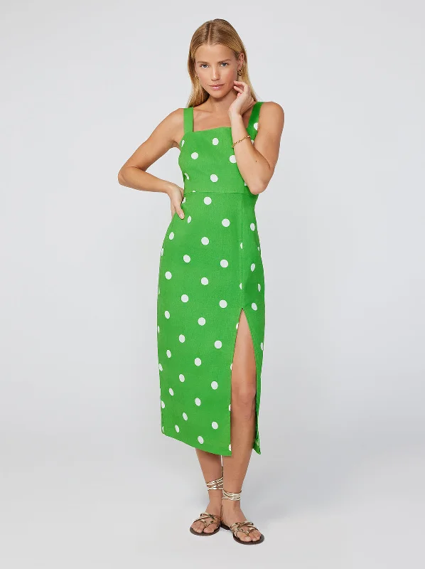 Markdown Madness Mara Green Polka Dot Midi Dress