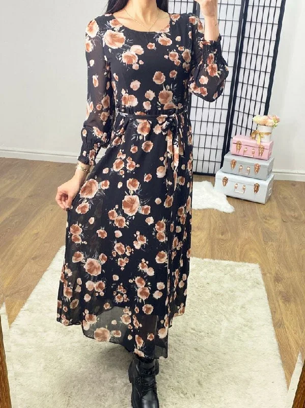 Discount Deals Howard Black Floral Tie Waist Floaty Maxi Dress
