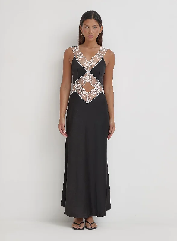 Anniversary Sale Black Satin Lace Slip Dress- Kelsey