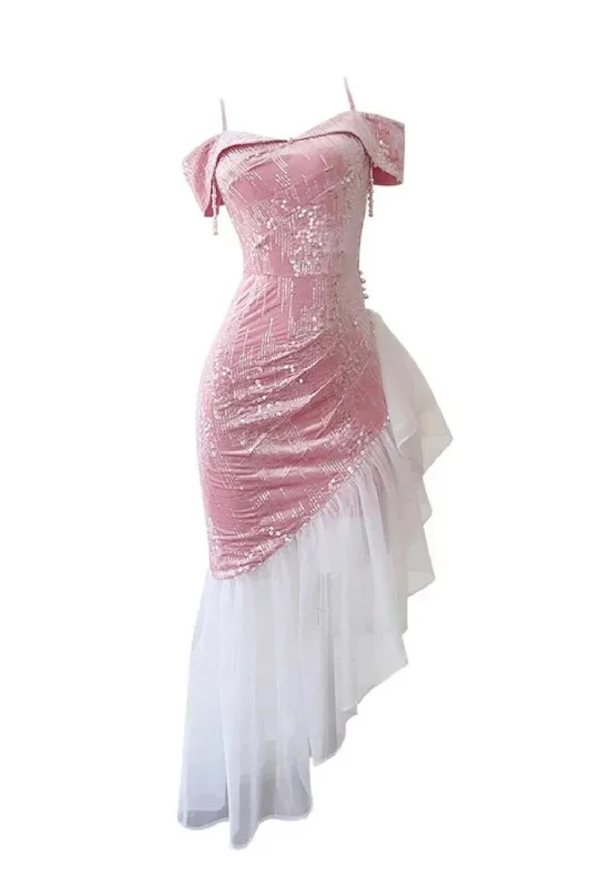 Special Price Mesh Splice Strap Dresses For Women Sleeveless High Waist Slash Neck Elegant Dress Female