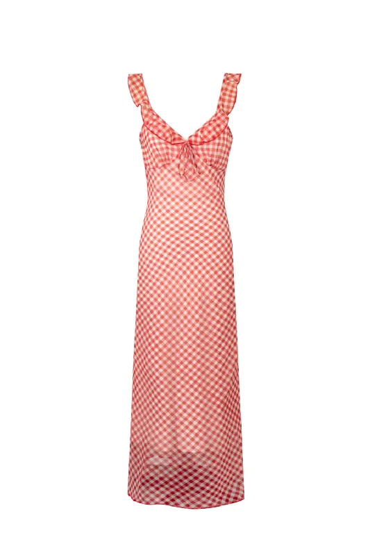 Stock Clearance Women Slip Ruffle Bow Tie Red Plaid The Ankle Length  Sun Dress