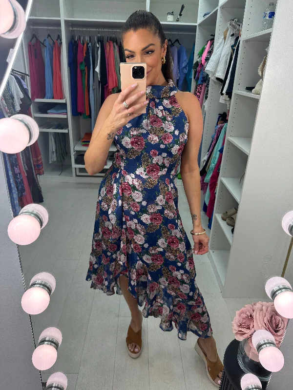 Exclusive Preview Lorient Floral Print Halter Neck Frill Hem Dress