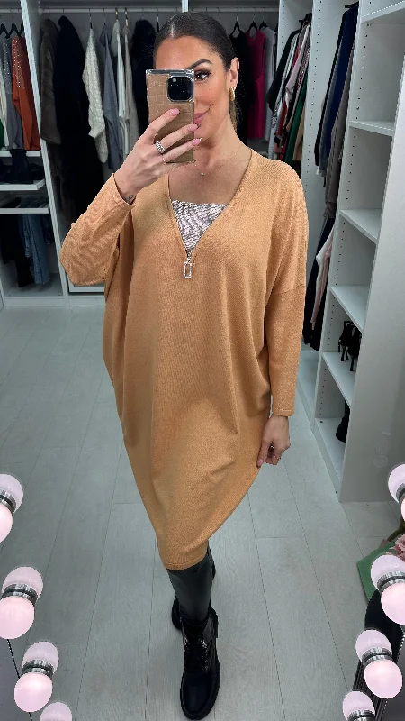 Today Only Rosina Diamante Zip Detailed Loose Fit Knitted Jumper Dress