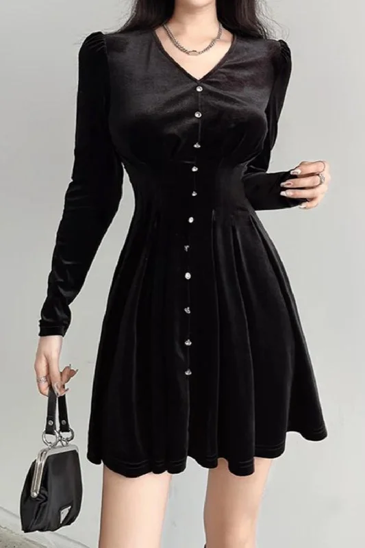 Factory Direct Sale Velvet Long Sleeve Mini Dresses for Women Buttons Club Party Pleated Dress Solid