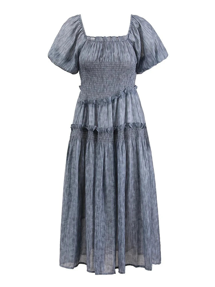Unmissable Offer Women's Ruffles Splicing Dress Short Sleeves Square Neck Pleated Loose Dresses Female Summer