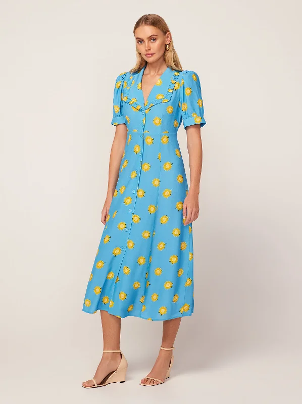 New Arrival Bethany Blue Sunflower Print Tea Dress
