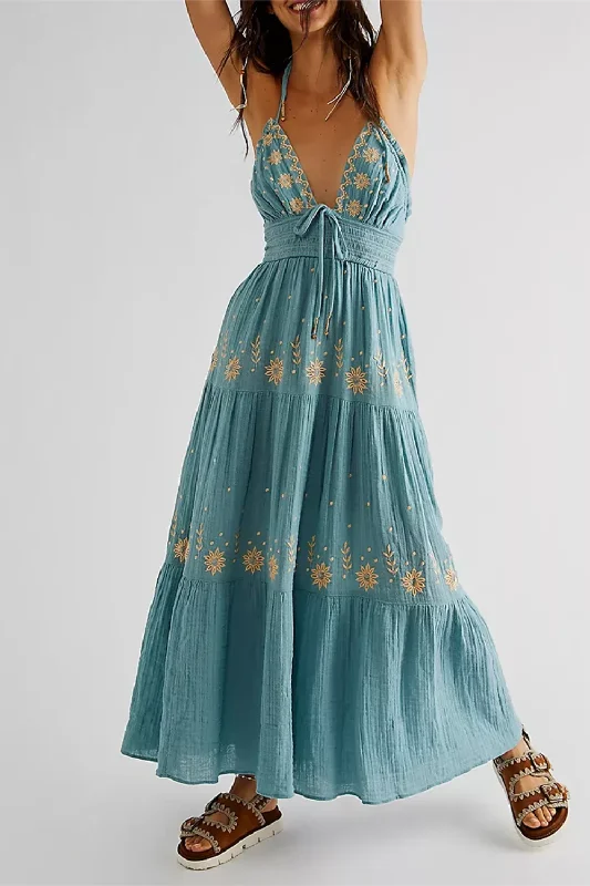 Midnight Sale Women Summer Casual Long Dress Flower Embroidery Tie-Up Halter Neck Sleeveless Dress Midnight Sale Women Summer Casual Long Dress Flower Embroidery Tie-Up Halter Neck Sleeveless Dress