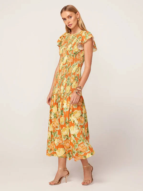 Bargain Prices Jemima Apricot Painted Floral Print Shirred Maxi Dress