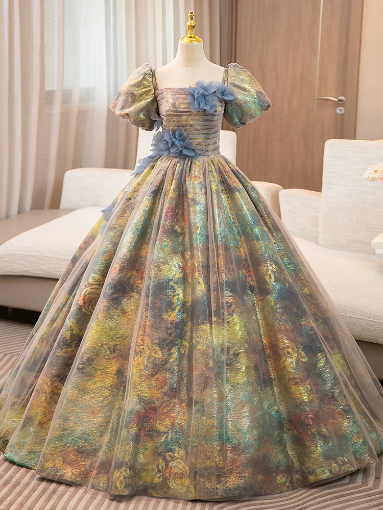Price Fest A-Line Puff Sleeves Gold Long Prom Dress Quinceanera Dress With Flower