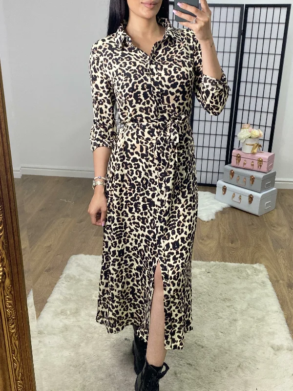 One-DAY Sale Seda Leopard Print Tie Waist Beige Shirt Dress